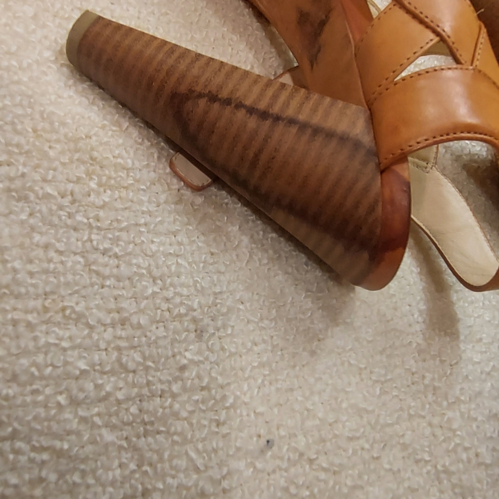 Used Coach Leather Peep Toe Buckle Tie 5" Heels, one heel has water stain - Picture 5 of 5